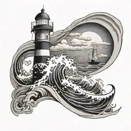 A Ship Sailing Through Stormy Waves With A Lighthouse In The Background