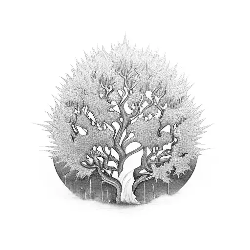 An Intricate Black-grey Tattoo Of A Tree With Musical Instruments Hidden Within Its Branches