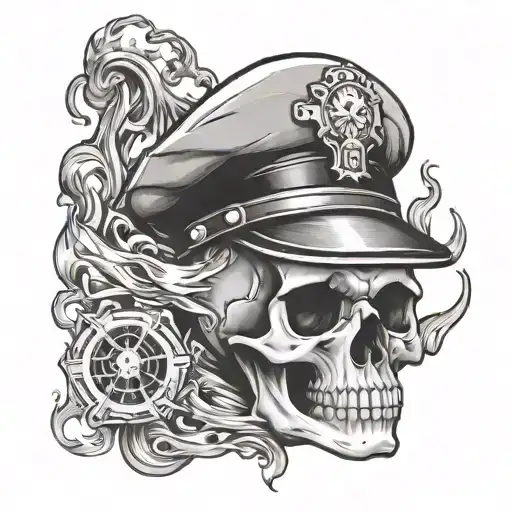 A Skull Wearing A Police Hat With Fire Burning In The Background