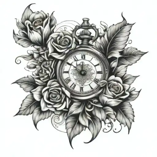 Clock And Compas With Flowers