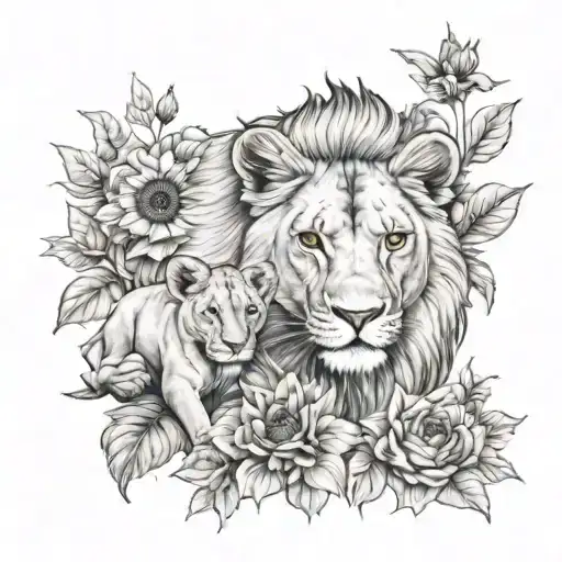 Lioness With Her Lion Cub In A Forest With Flowers And Sunflowers