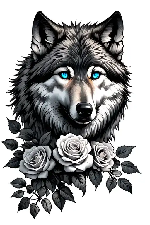 Wolf Head With Blue Eyes Looking Through A Rose Bush