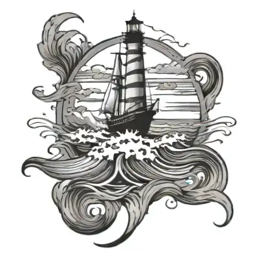 A Ship Sailing Through Stormy Waves With A Lighthouse In The Background