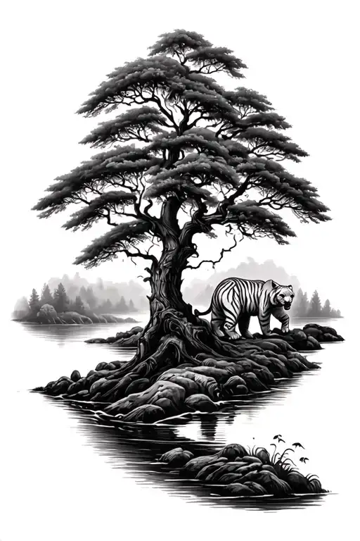A Willow Tree With A Tiger Underneath It And A River With A Bear In It