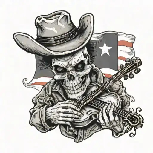 Skull Cowboy Playing A Fiddle With Texas Flag Intertwined