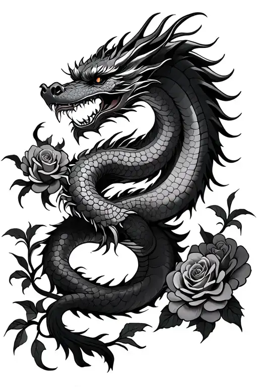 Japanese Dragon With A Background Of Roses
