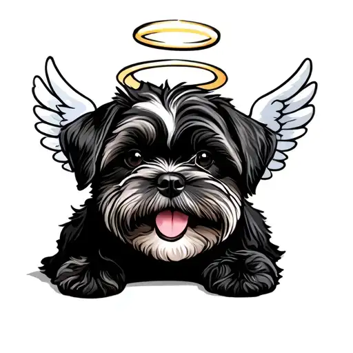 Black Shi Tzu Dog Smiling With Halo And Angel Wings Simple Outline
