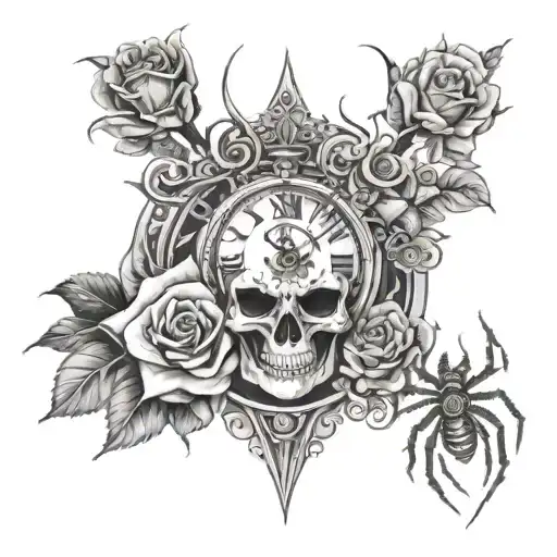 Time And Skull Ans Spider And Roses