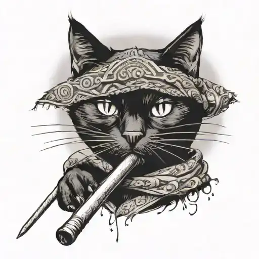 A Black Cat With A Bandana On His Head Holding A Drumstick In His Mouth At Full Height