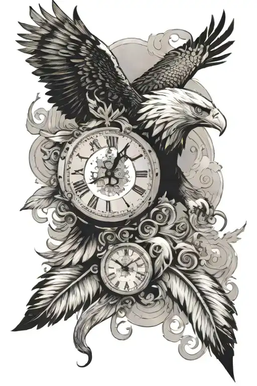 Eagle Flying With Smoke And A Clock With Feathers Falling