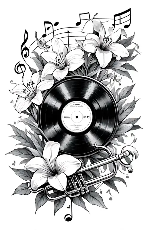 Vynal Record Surrounded By Music Notes And Lily And Orchid Flowers With Trumpet