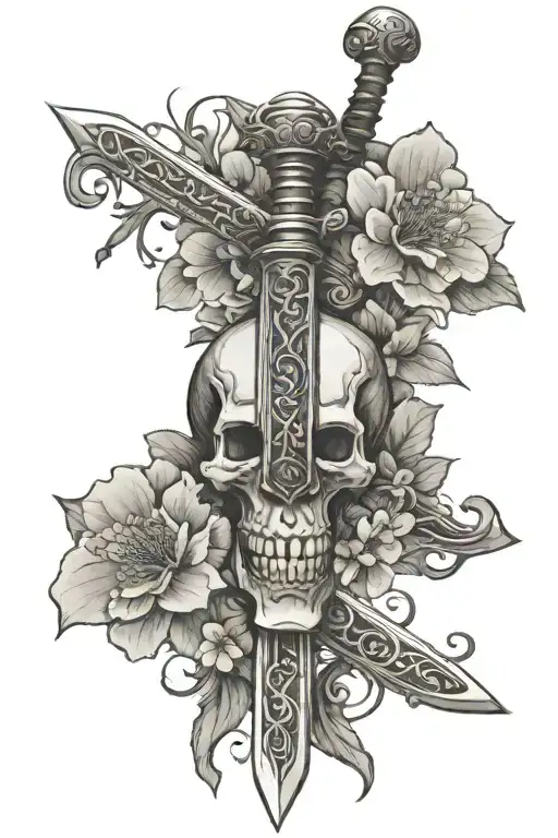Sword With 3 Skulls And Cherry Blossoms