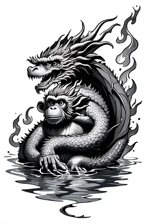 Dragon Wrapped Around Monkey In Water And Flames