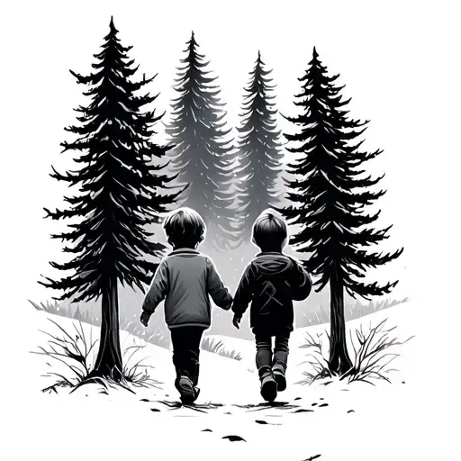 2 Back Children Walking Towards Fir Trees