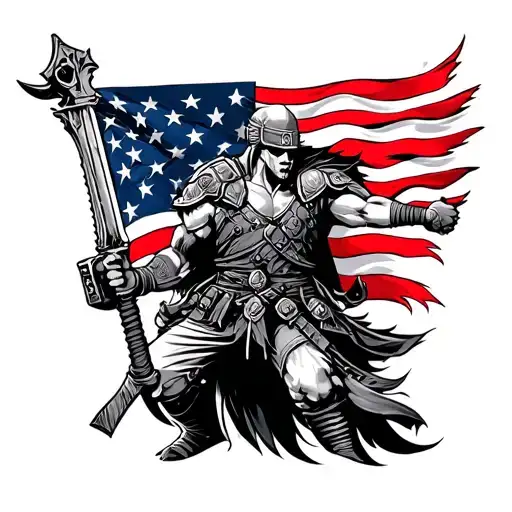 Warrior Wielding With Usa Flag