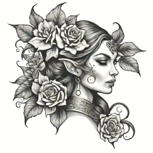 Elf Woman Portrait With Flowers And Negative Space