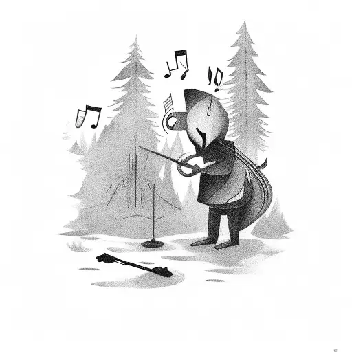 An Outcast Figure Playing A Musical Instrument In A Dark Forest