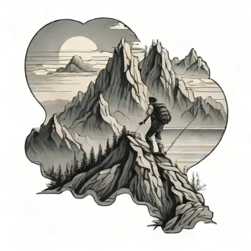 A Black-grey Tattoo Of A Hiker Climbing A Mountain With A Mesmerizing Ocean View From The Top