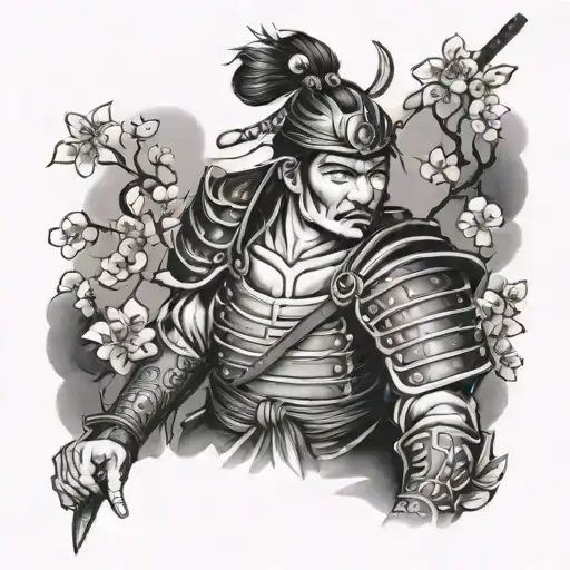 Samurai Warrior Surrounded By Cherry Blossoms