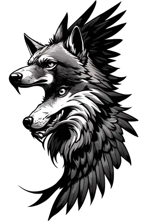 A Tattoo On The Right Forearm That Is A Wolf Head With A Eagle Wing Angled Up Beside The Wolf