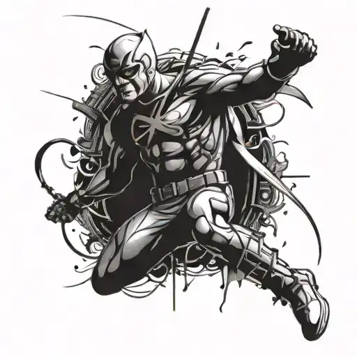 A Dark And Intricate Tattoo Design Featuring Daredevil And Rain Imagery