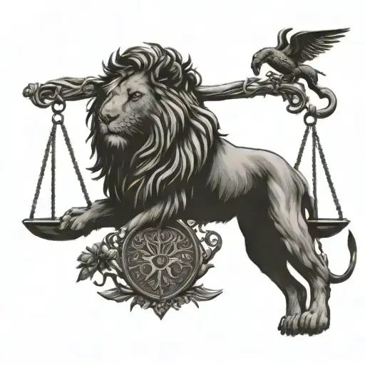 Lion Head And Justice Scales With Life Tree Emerging