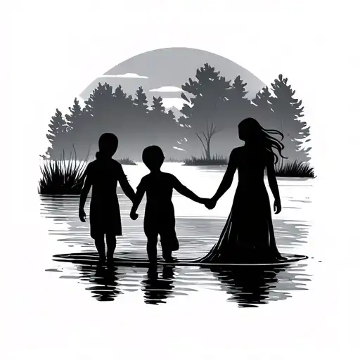 Mother And Son Holding Hands Walking In A Spruit Silhouette Tatoo