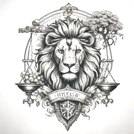 Lion Head And Justice Scales With Life Tree Emerging