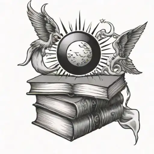 A Stack Of Books With A Sun And Moon Intertwined