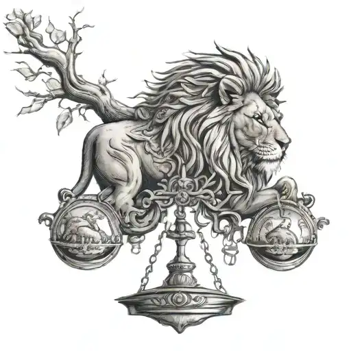 Lion Head And Justice Scales With Life Tree Emerging