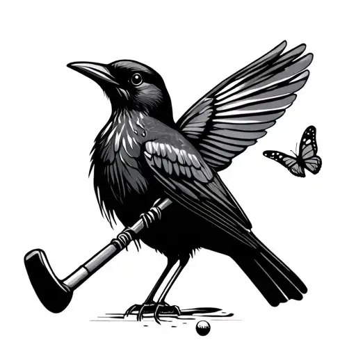 Great Tailed Grackle Holding A Golf Club With Butterfly On Club