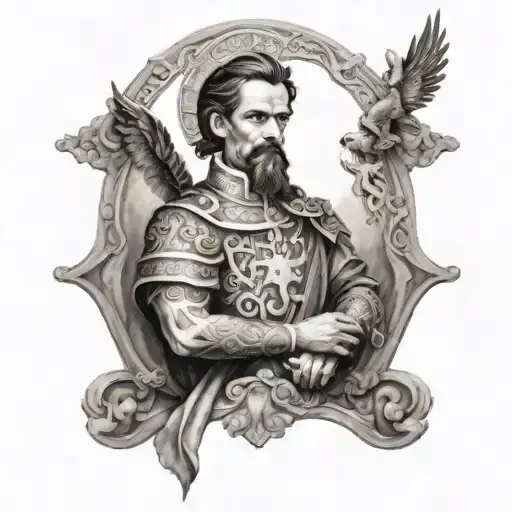 A Black-grey Portrait Of San Miguel Arcangel With Intricate Detailing