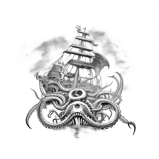 A Kraken Being Attacked By A Pirate Ship