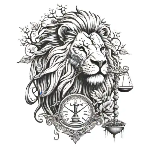 Lion Head And Justice Scales With Life Tree Emerging