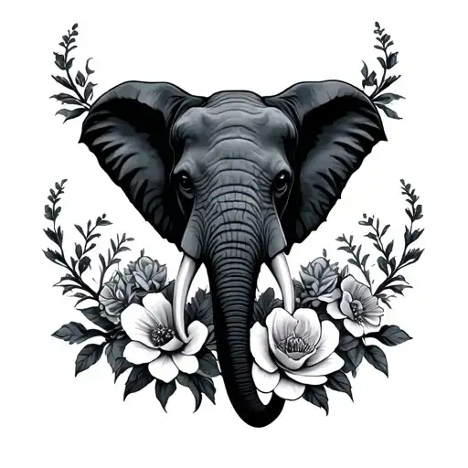 Dark Gothic Elephant Head Surrounded By Flowers