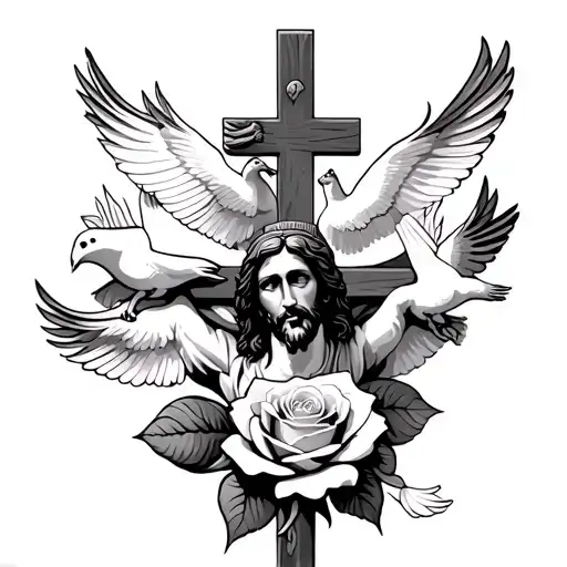 Forearm With Jesus Crusafix A Rose And Four Doves Flying
