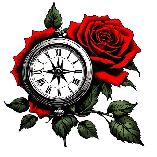 Two Rose Wrapped One Black One Red Vintage Compass Vintage Clock