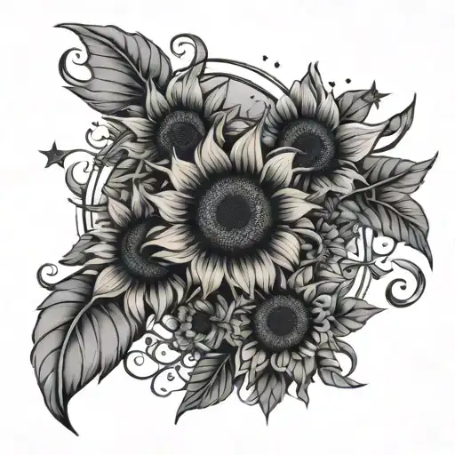 Vertical Moon Phases With Three Sunflowers With Small Vines And Leaves With Stars