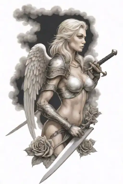 A Sexy Blond Female Angel As A Warrior With A Big Sword And Some Clouds And A Rose