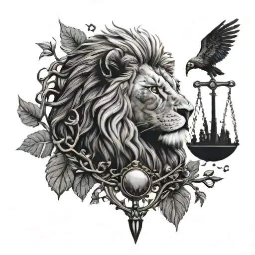 Lion Head And Justice Scales With Life Tree Emerging