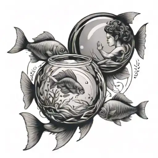 Two People Swimming In A Fish Bowl Filled