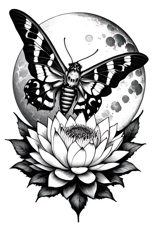Death Moth Resting With Lotus Flower And Stipple Moon