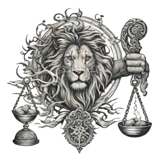 Lion Head And Justice Scales With Life Tree Emerging