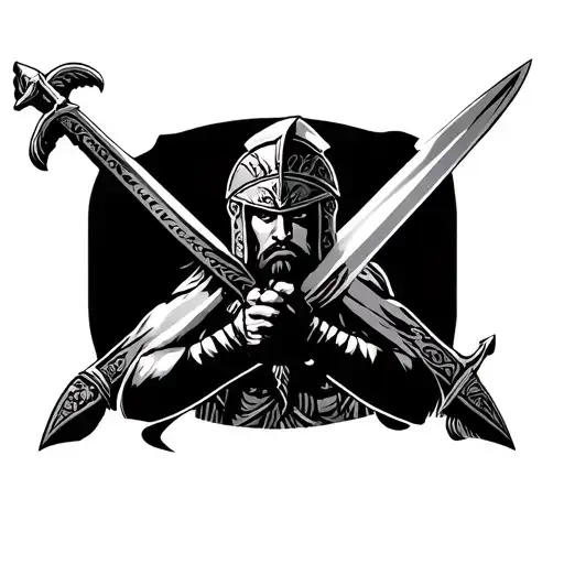 Spartan Warrior Holding 2 Swords Crossed As Symbols