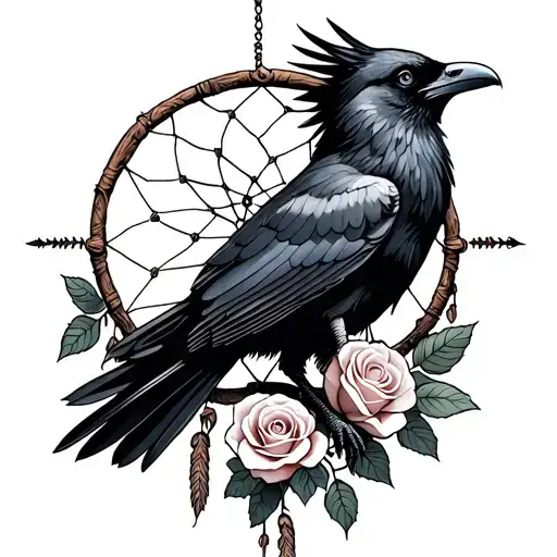 Black Raven Flying Surrounded By Two Wrapped Roses And Dreamcatcher