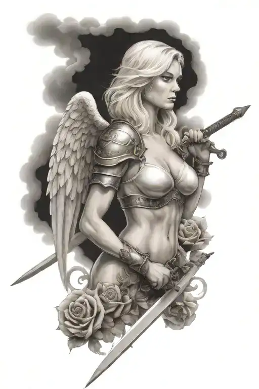 A Sexy Blond Female Angel As A Warrior With A Big Sword And Some Clouds And A Rose