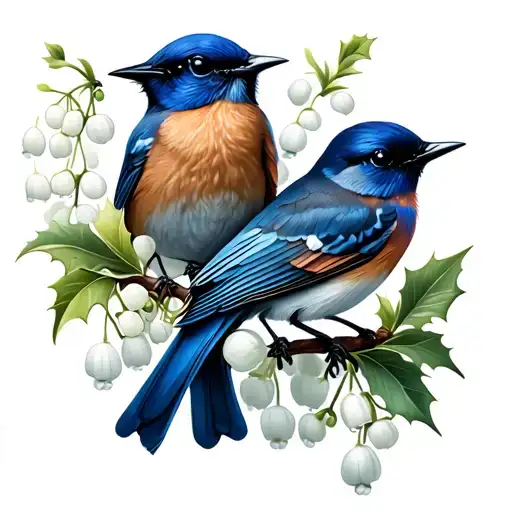 Two Kentucky Bluebirds With Lily Of The Valley And Holly Berry Flowers