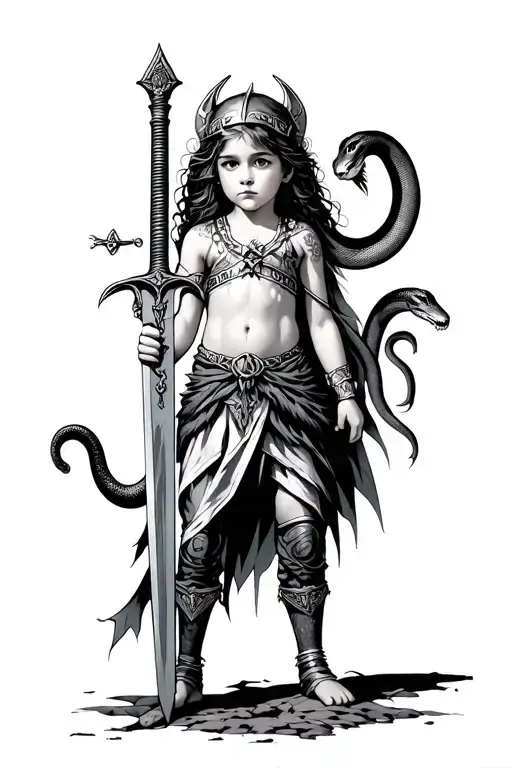 Young Valkyrie Child Standing With Oversized Sword And A Pet Snake In The Other Hand