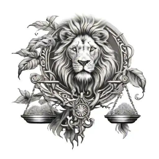 Lion Head And Justice Scales With Life Tree Emerging