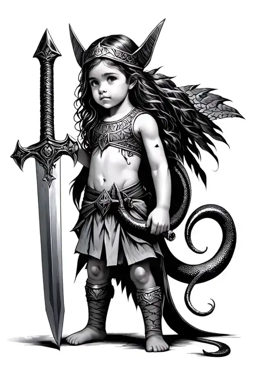 Young Valkyrie Toddler Standing With Oversized Sword And A Pet Snake In The Other Hand